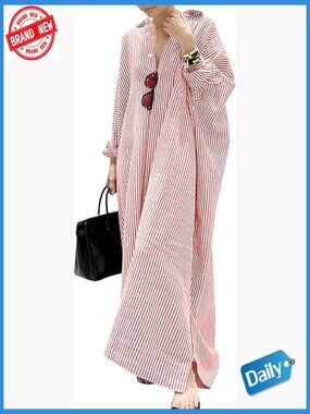 Oversized Loose Fit Maxi Stripe Button Down Shirt Dress Plus Size